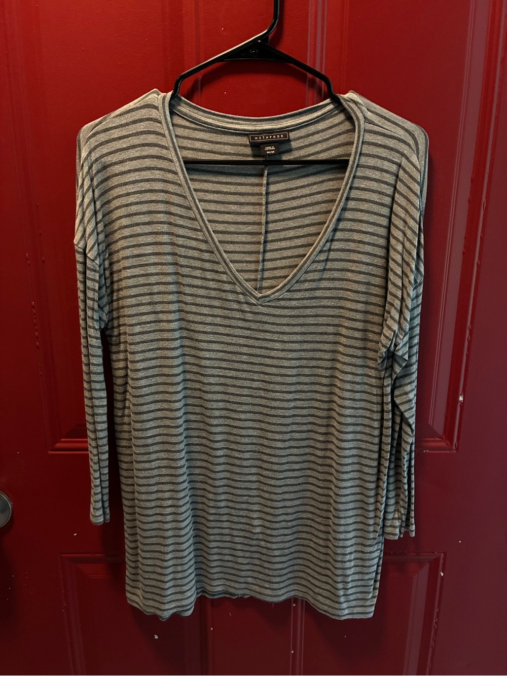 Metaphor Gray and Black Striped V-Neck Long Sleeve Top